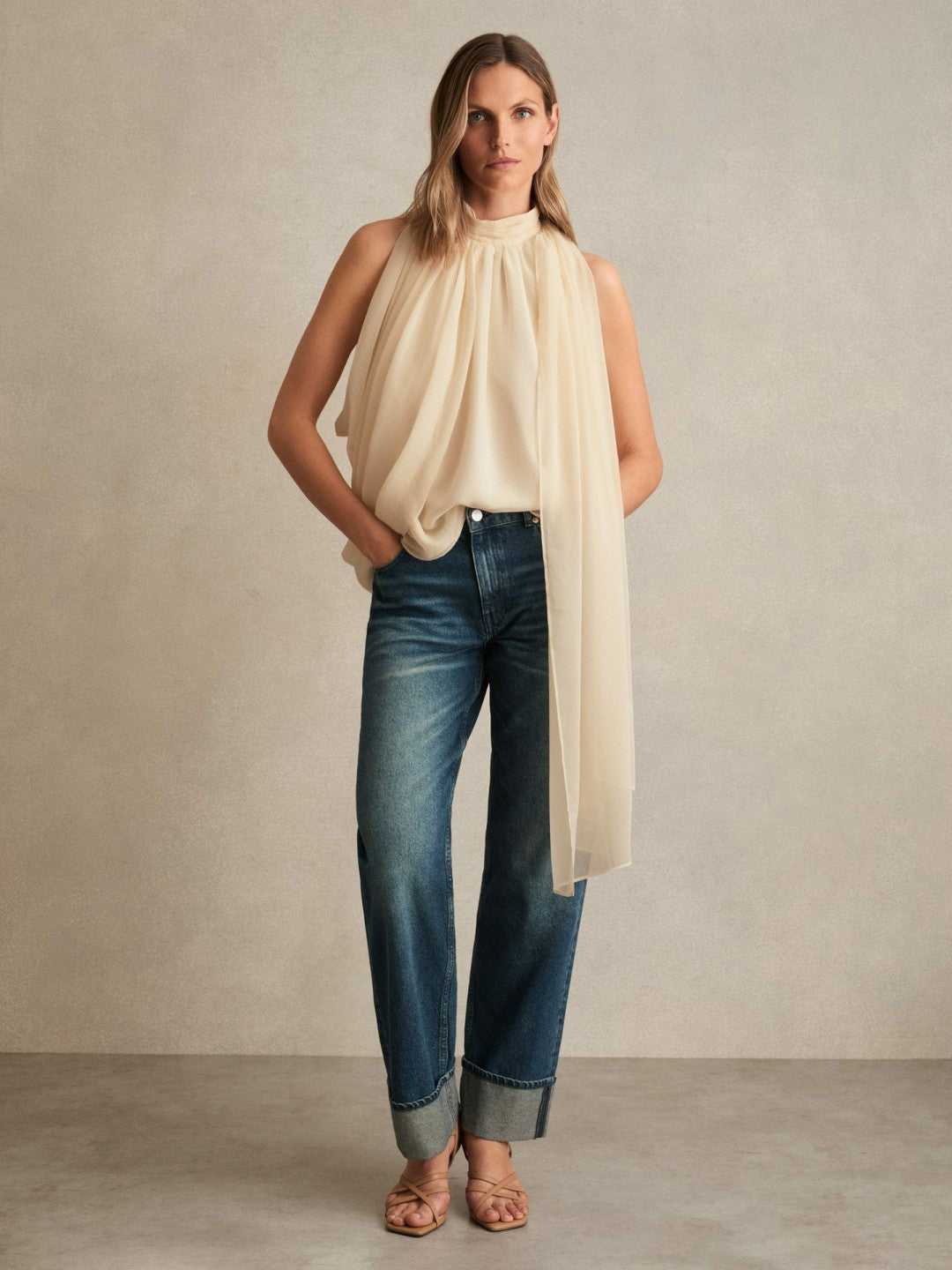 Draped Chiffon Sleeveless Top Ivory | Women