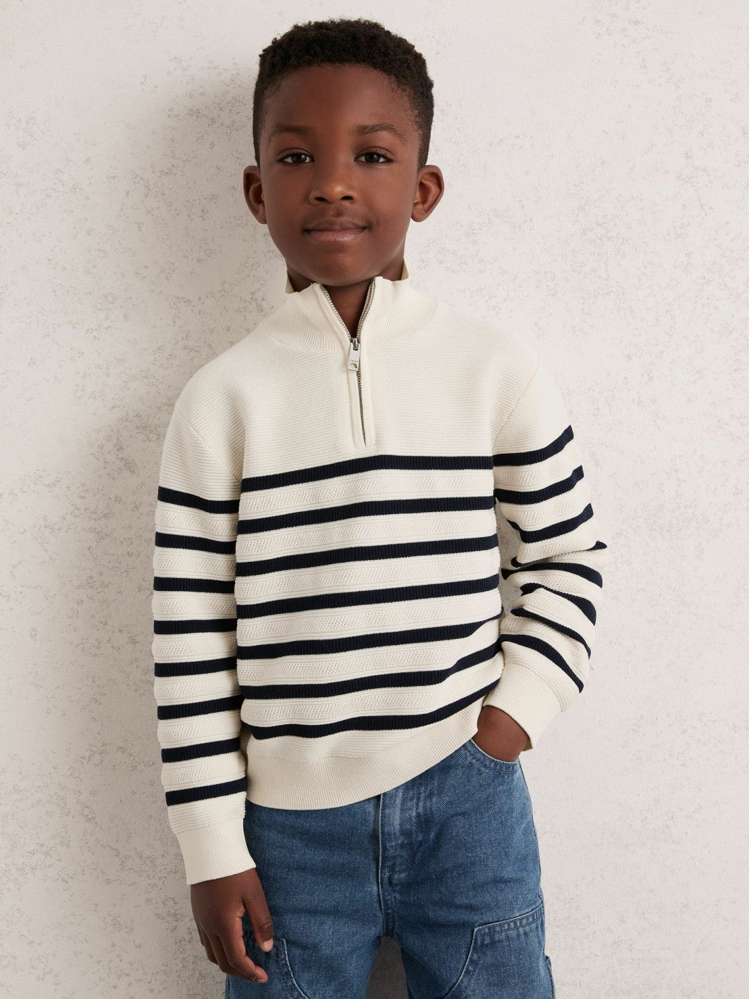 13-14 yrs Cotton-Blend Stripe Half-Zip Jumper White | Children & Baby