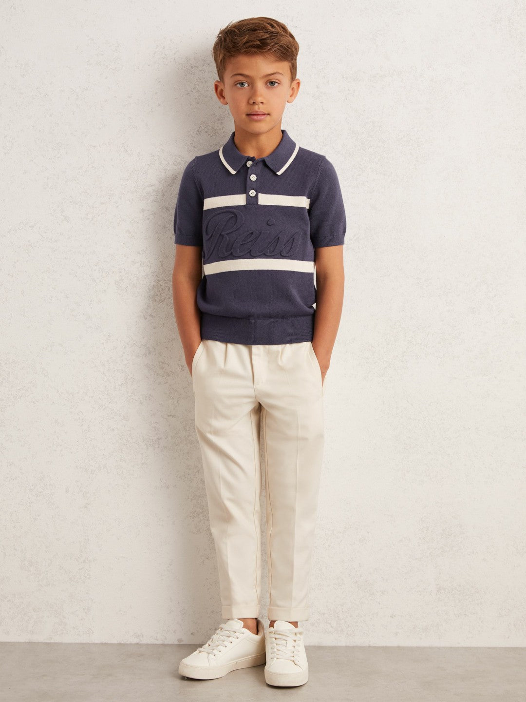 13-14 yrs Cotton Logo-Embossed Knit Polo Shirt Indigo Blue/White | Children & Baby