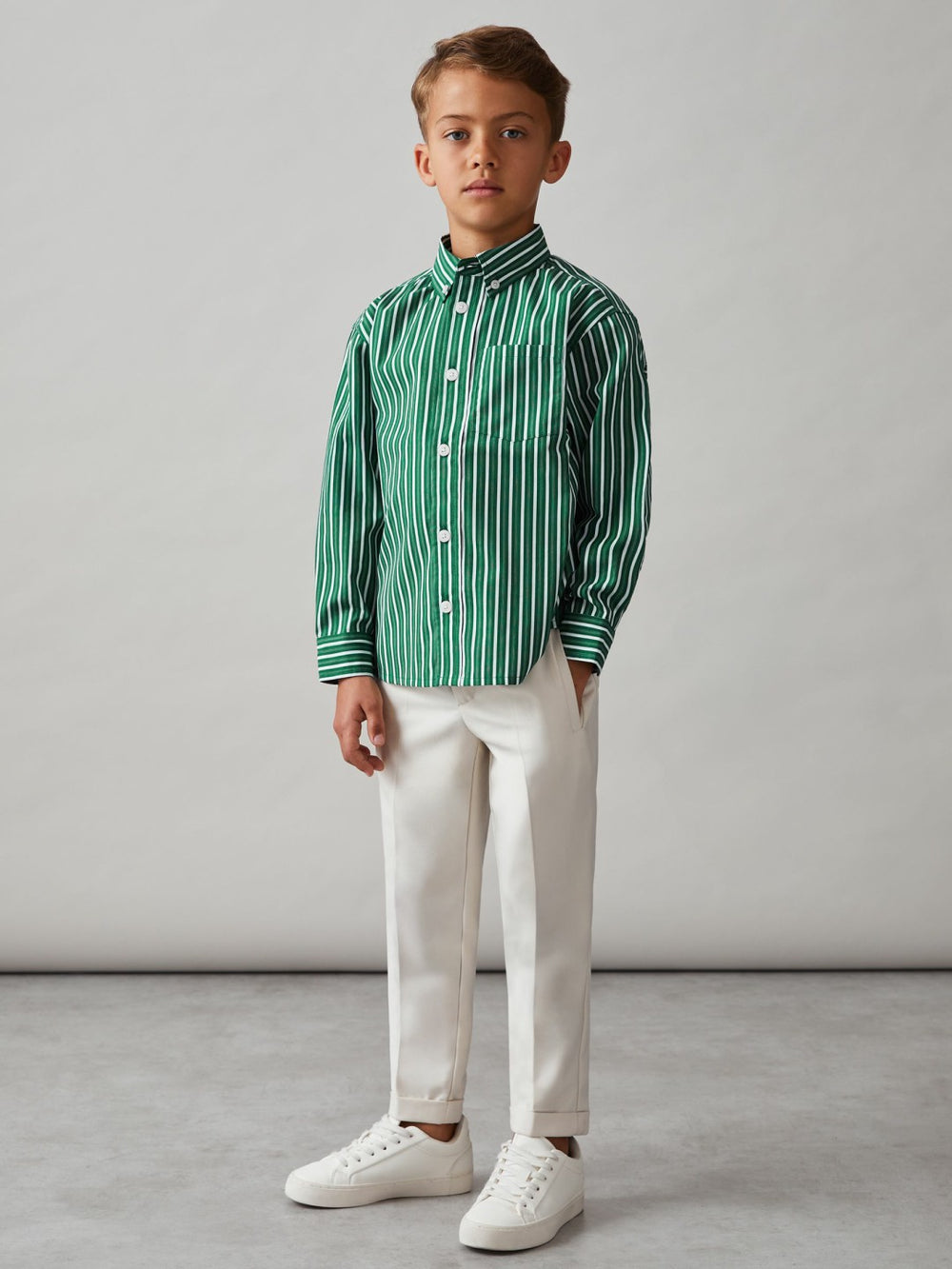 13-14 yrs Cotton-Poplin Striped Oversize Shirt Green/White | Children & Baby