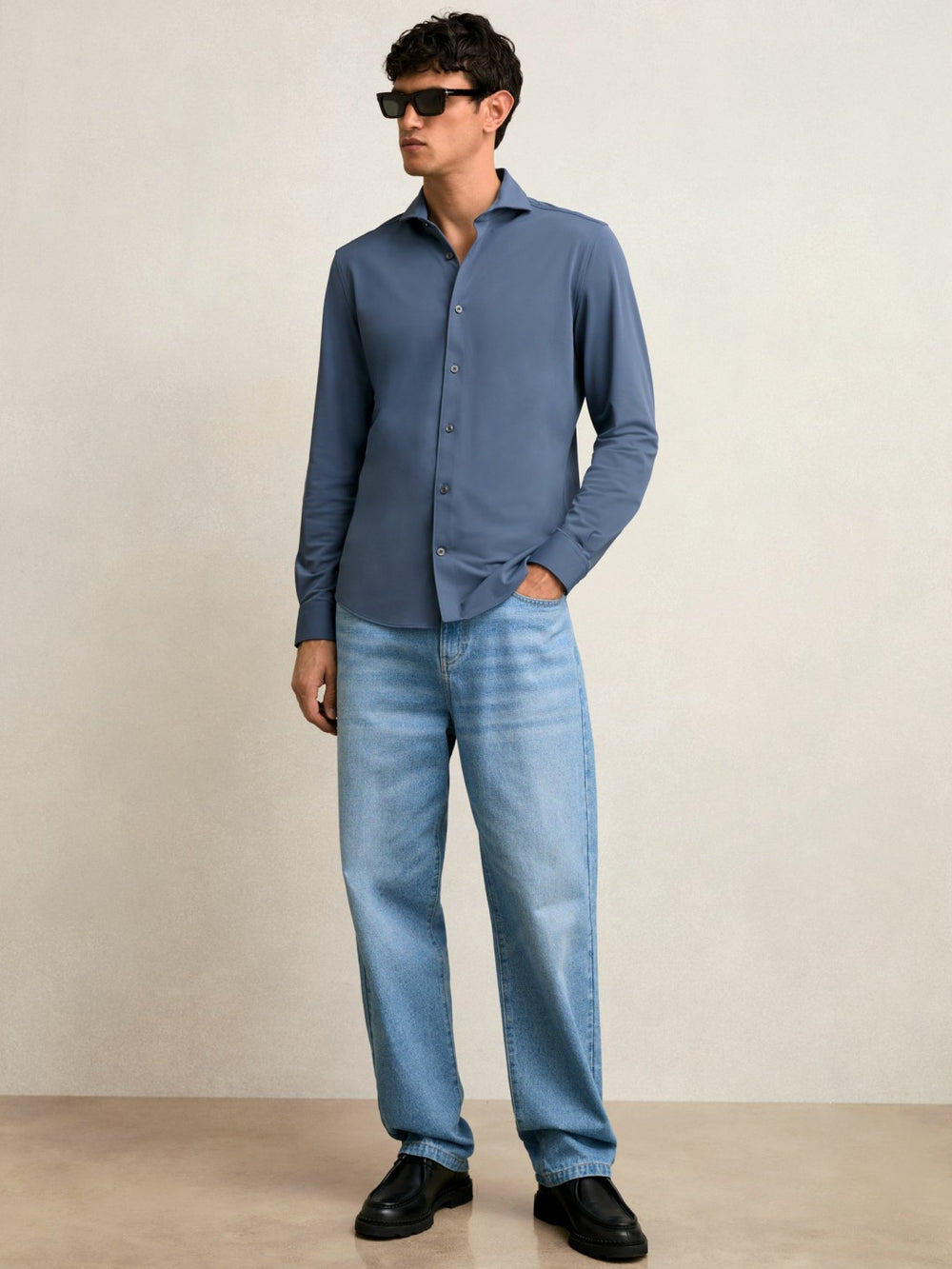 Stretch Jersey Cutaway-Collar Shirt Dark Airforce Blue | Men