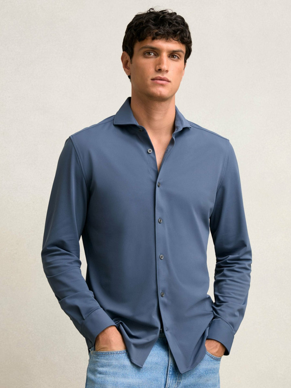Stretch Jersey Cutaway-Collar Shirt Dark Airforce Blue | Men