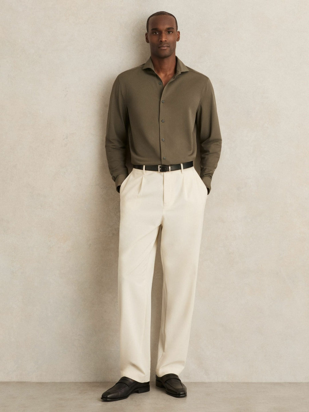 Stretch Jersey Cutaway-Collar Shirt Olive Green | Men