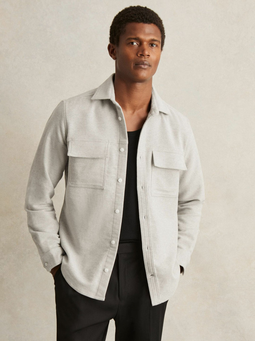 Moleskin-Cotton Twin-Pocket Overshirt Soft Grey Melange | Men