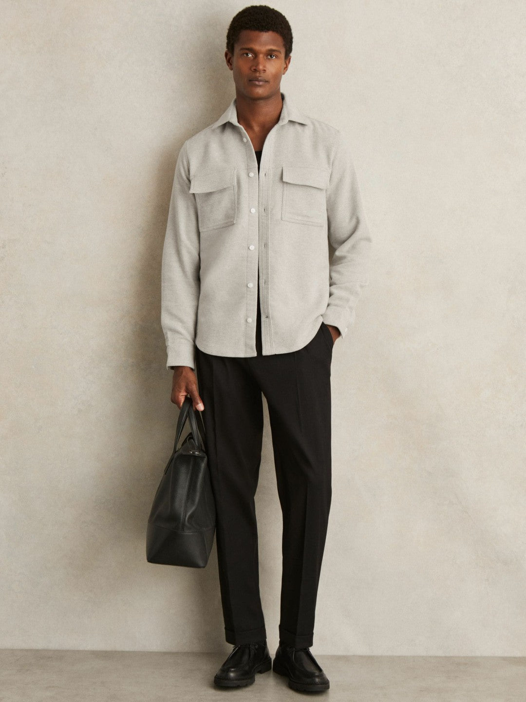 Moleskin-Cotton Twin-Pocket Overshirt Soft Grey Melange | Men