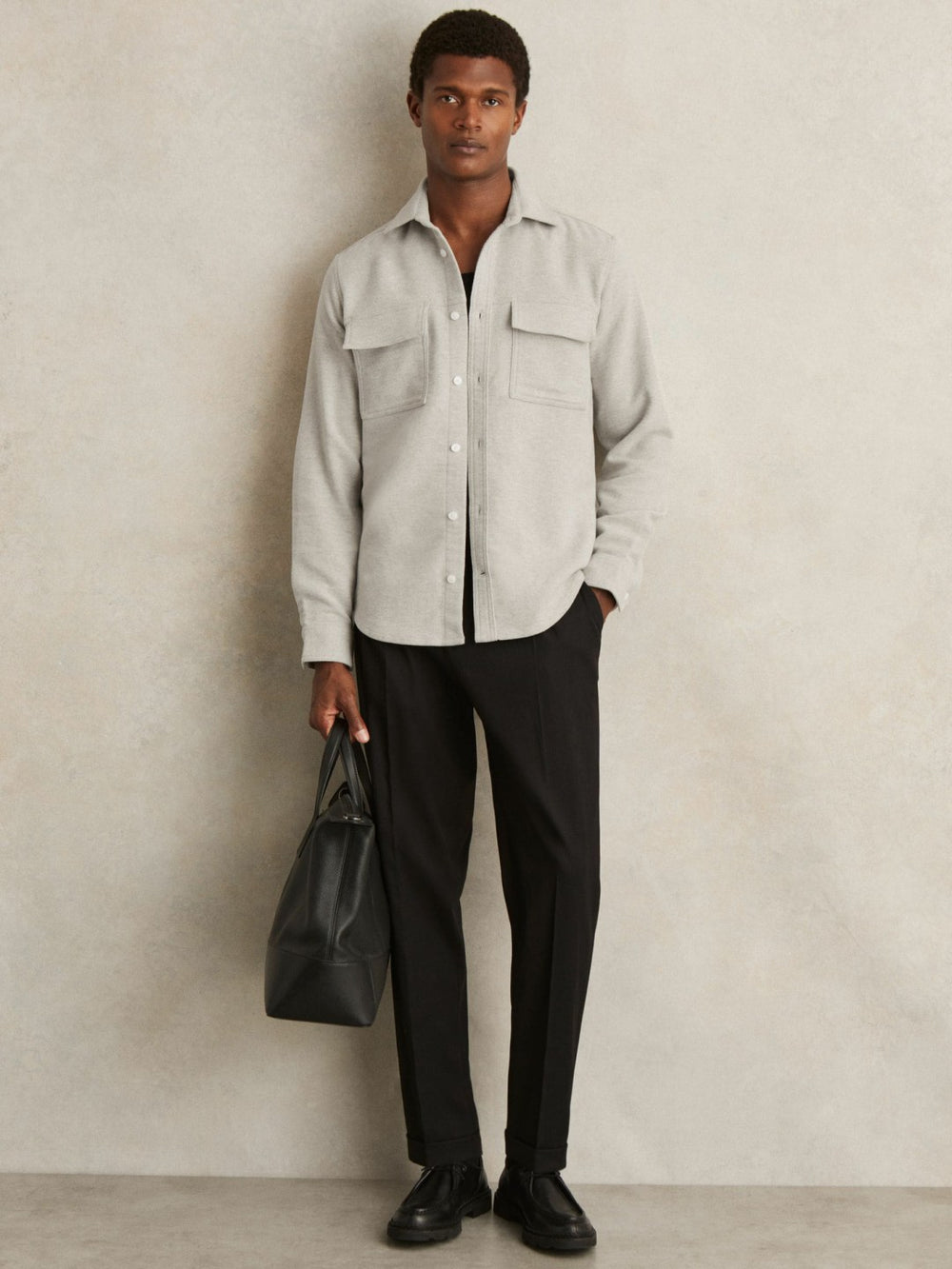 Moleskin-Cotton Twin-Pocket Overshirt Soft Grey Melange | Men