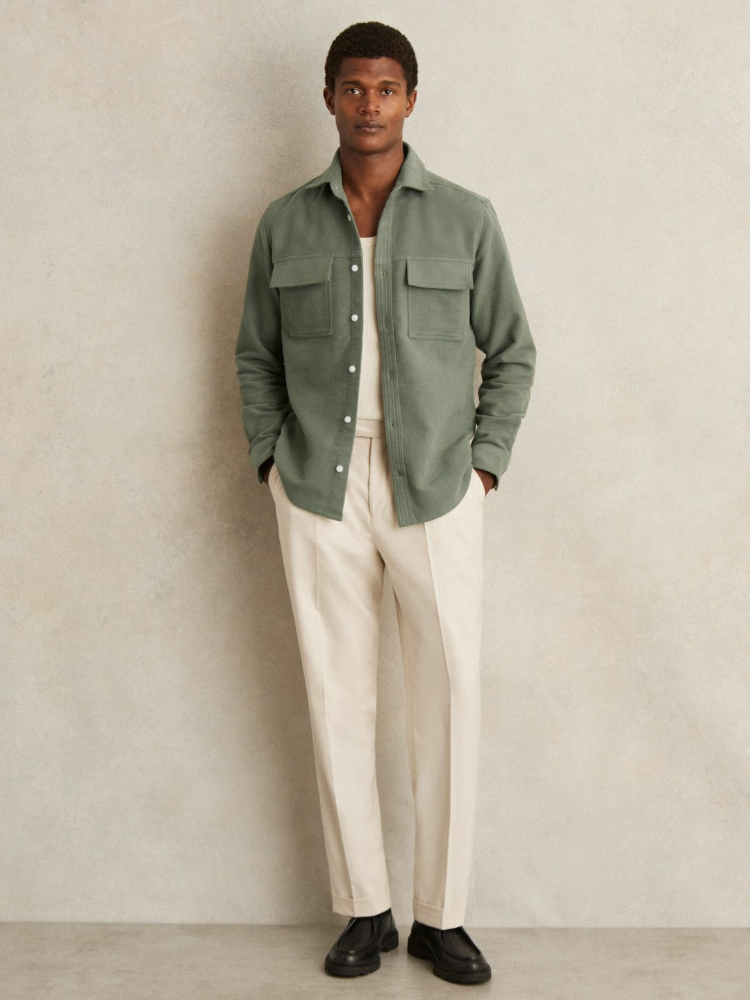 Moleskin-Cotton Twin-Pocket Overshirt Green | Men