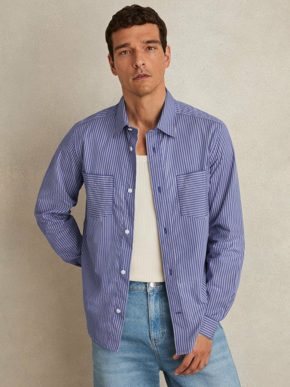 Cotton-Poplin Stripe Twin-Pocket Shirt Blue/White | Men