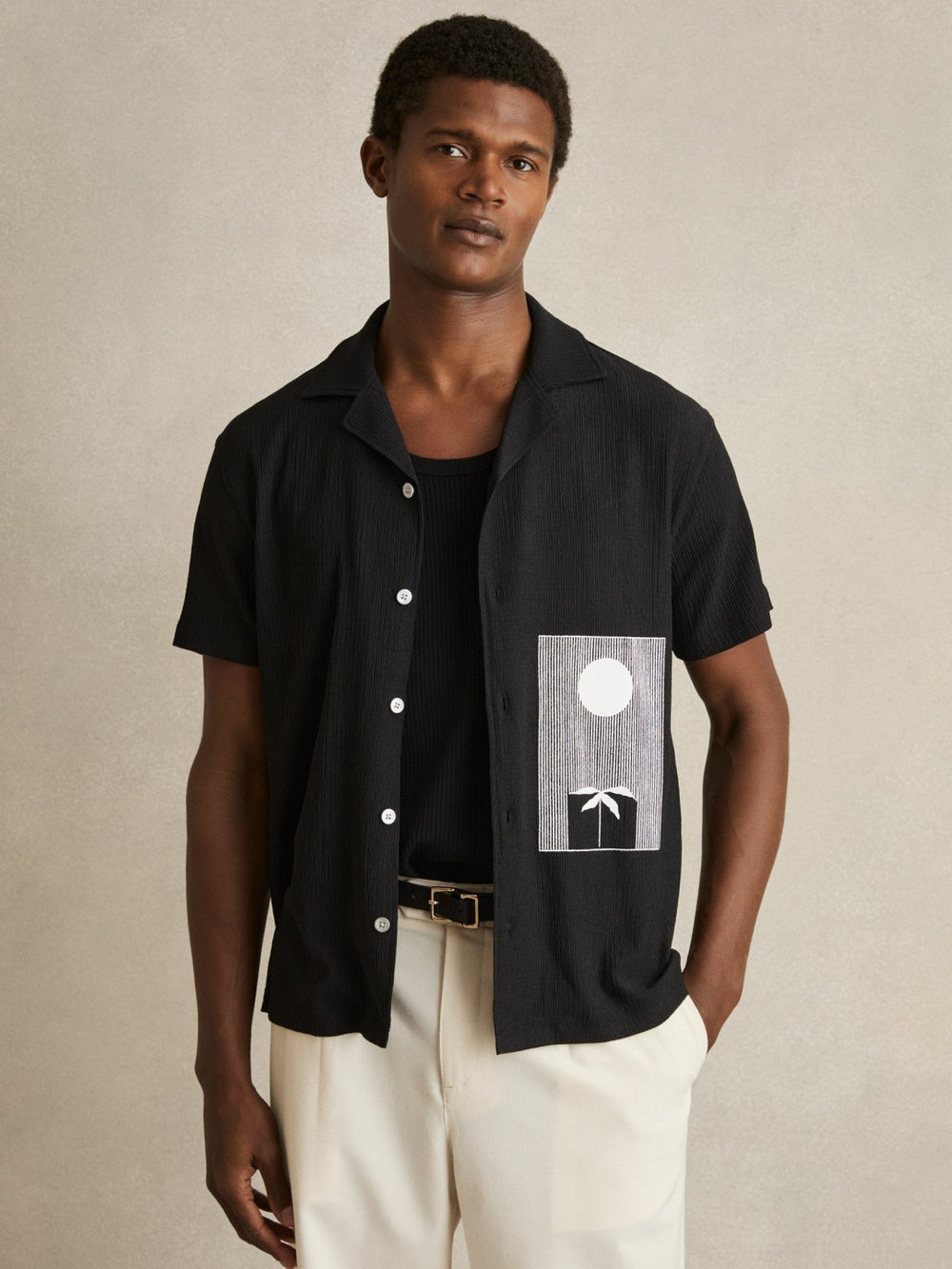 Graphic Print Cuban-Collar Shirt Black | Men