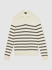 Cotton Blend Stripe Knit Polo Shirt Warm Stone/Black | Men