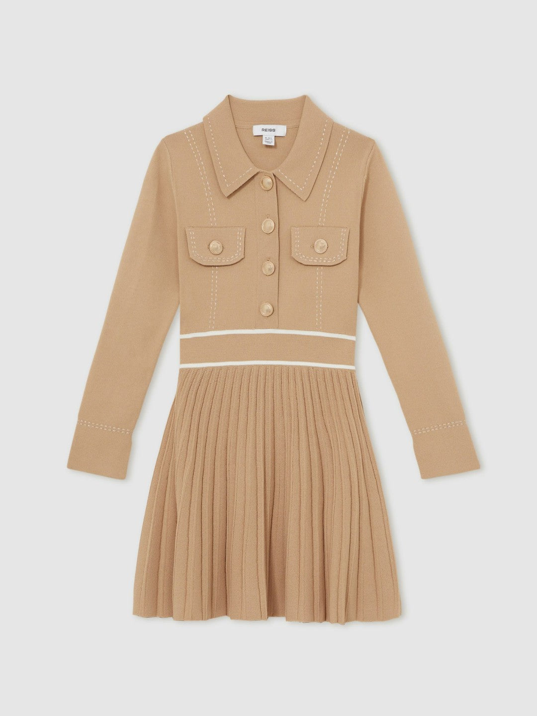 9-13 yrs Button-Detail Stripe Knitted Dress Camel | Children & Baby