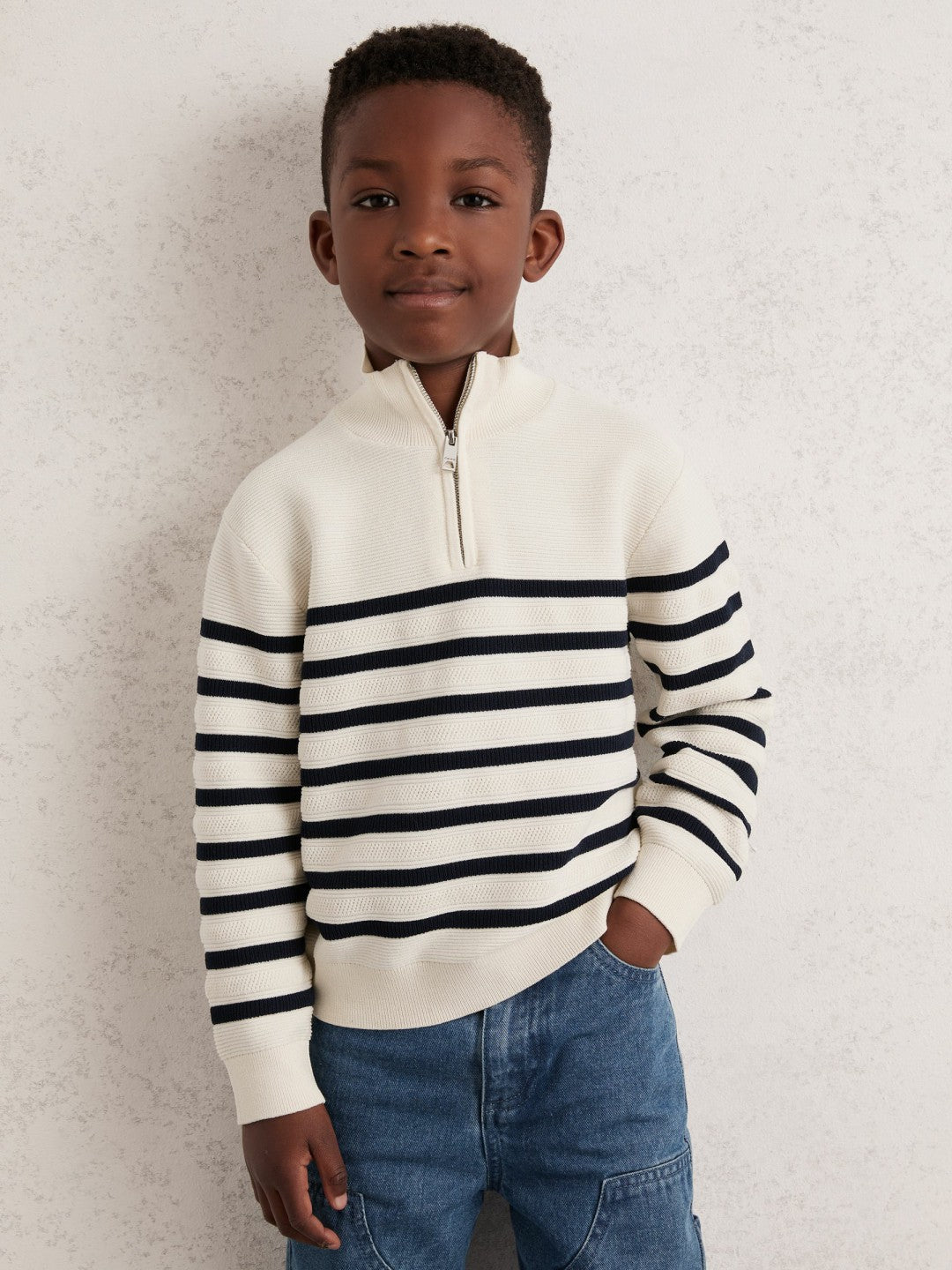 9-13 yrs Cotton-Blend Stripe Half-Zip Jumper White | Children & Baby