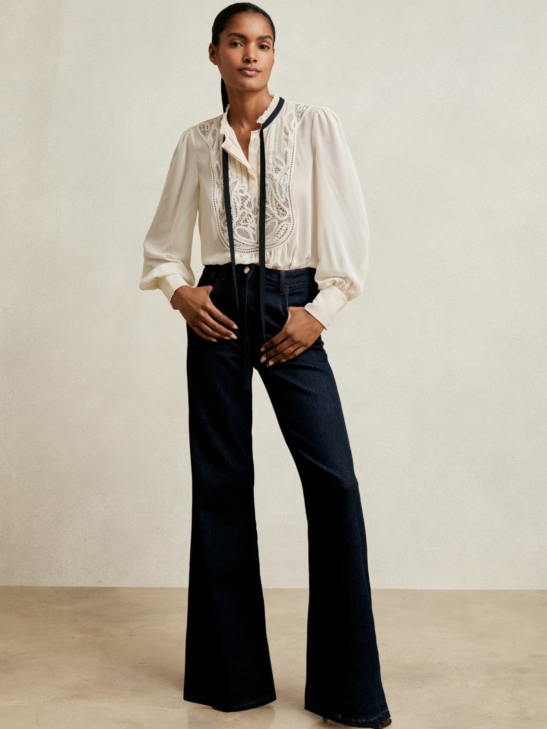 Lace-Embroidered Tie-Neck Shirt Cream | Women