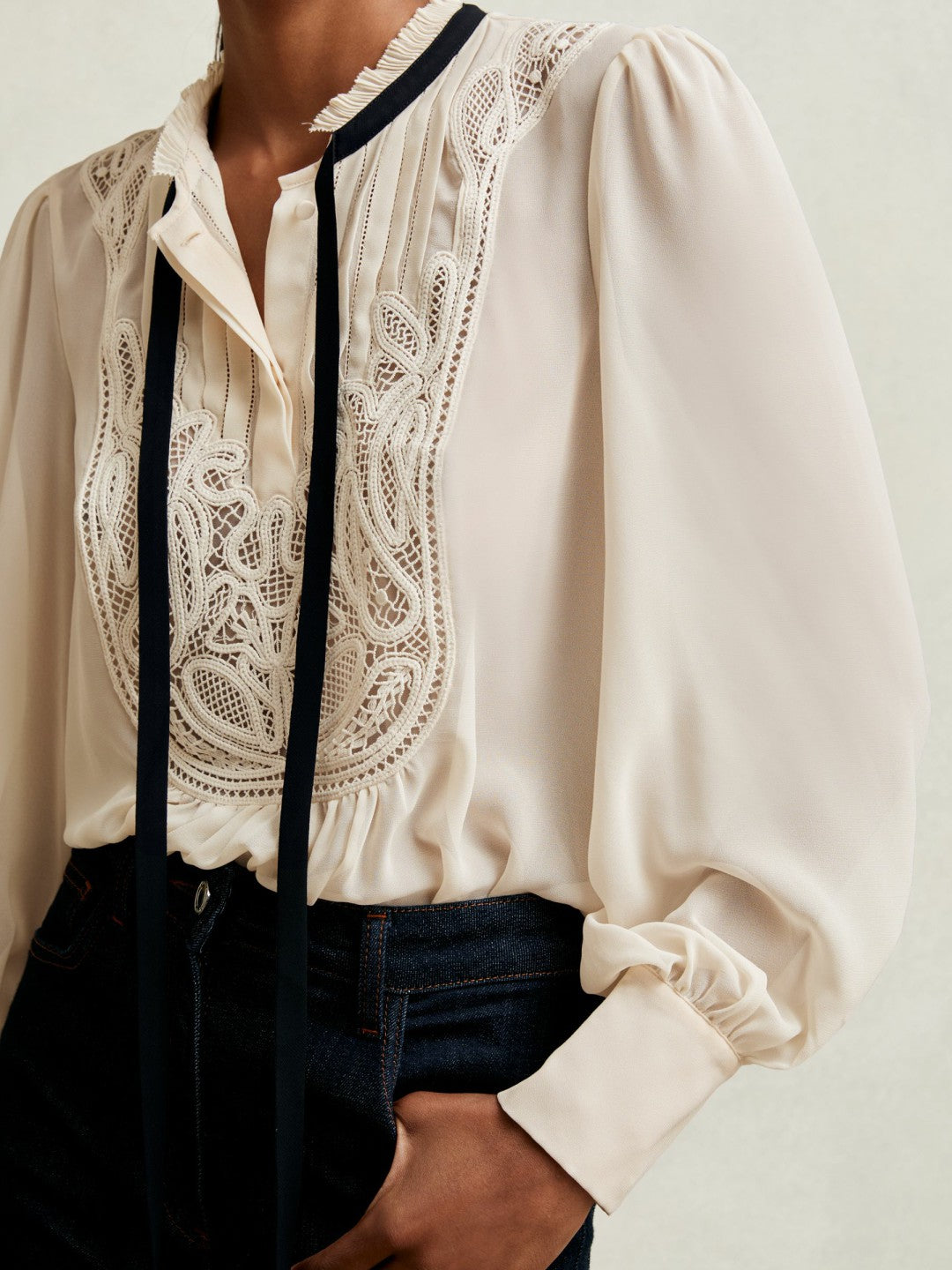 Lace-Embroidered Tie-Neck Shirt Cream | Women