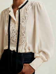 Lace-Embroidered Tie-Neck Shirt Cream | Women