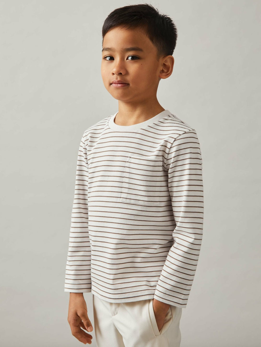 13-14 yrs Stretch-Cotton Stripe T-Shirt Off White/Camel | Children & Baby