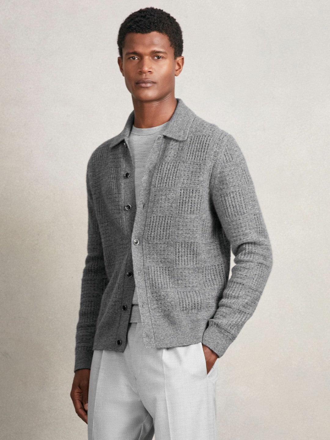 Wool Button Through Pointelle Shirt Mid Grey | Men