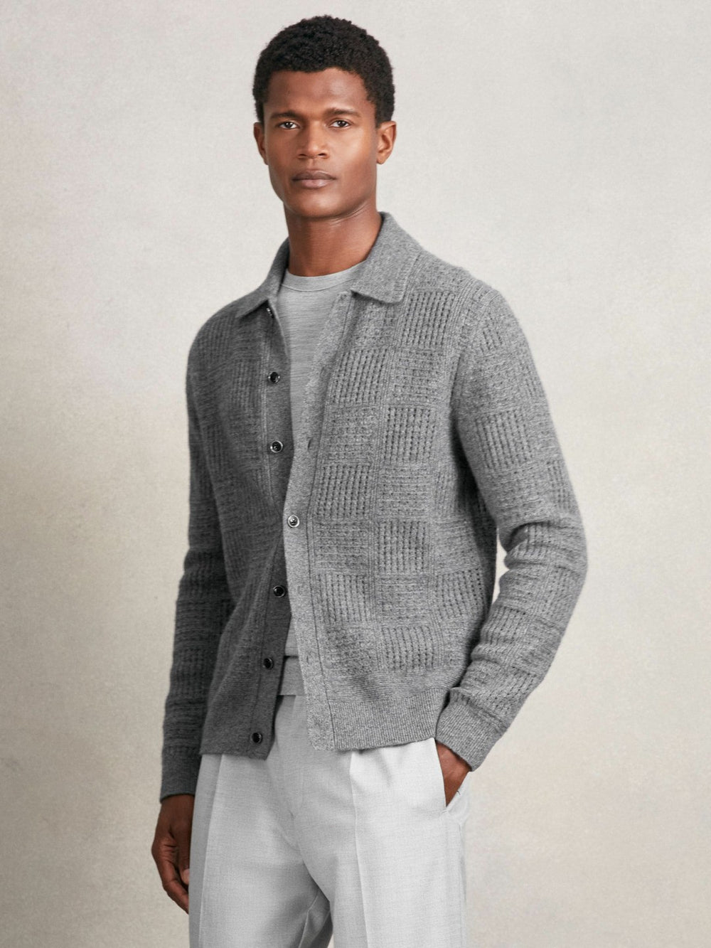 Wool Button Through Pointelle Shirt Mid Grey | Men