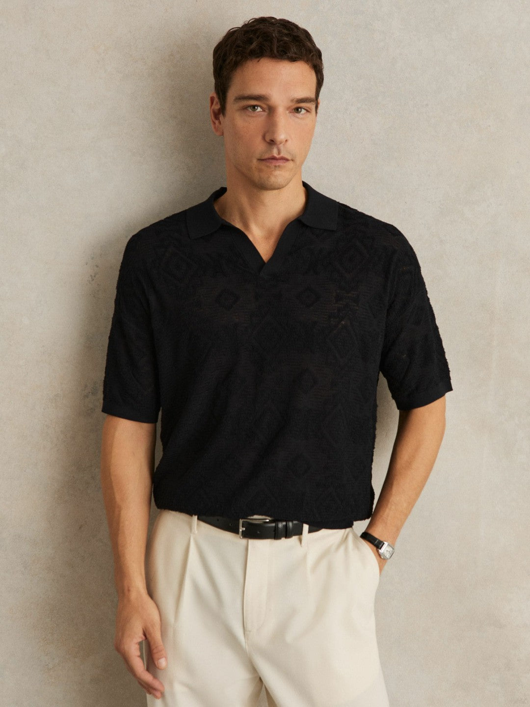 Jacquard Loop-Stitch Polo Shirt Navy | Men