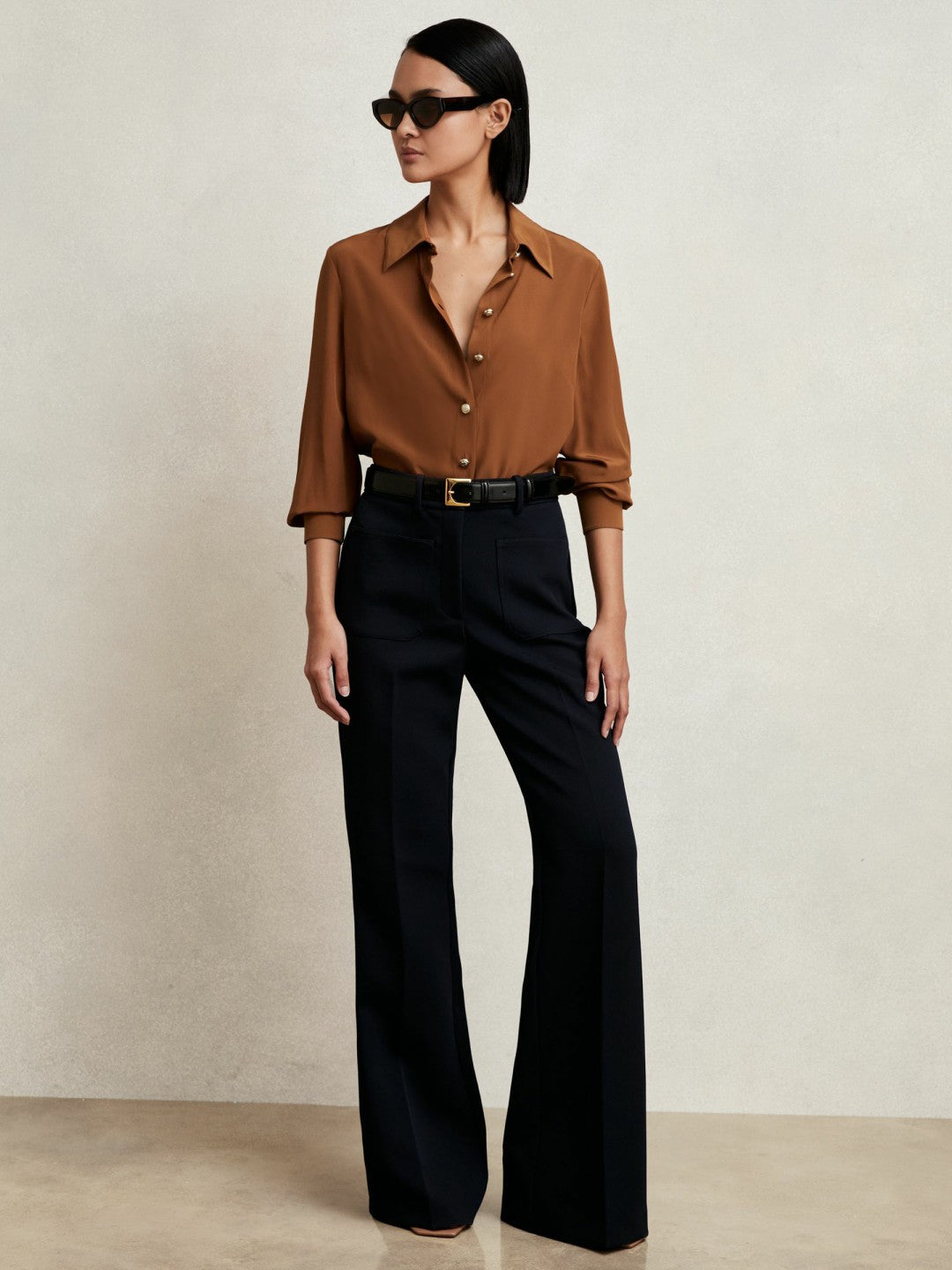Silk Embossed-Button Shirt Tan Brown | Women