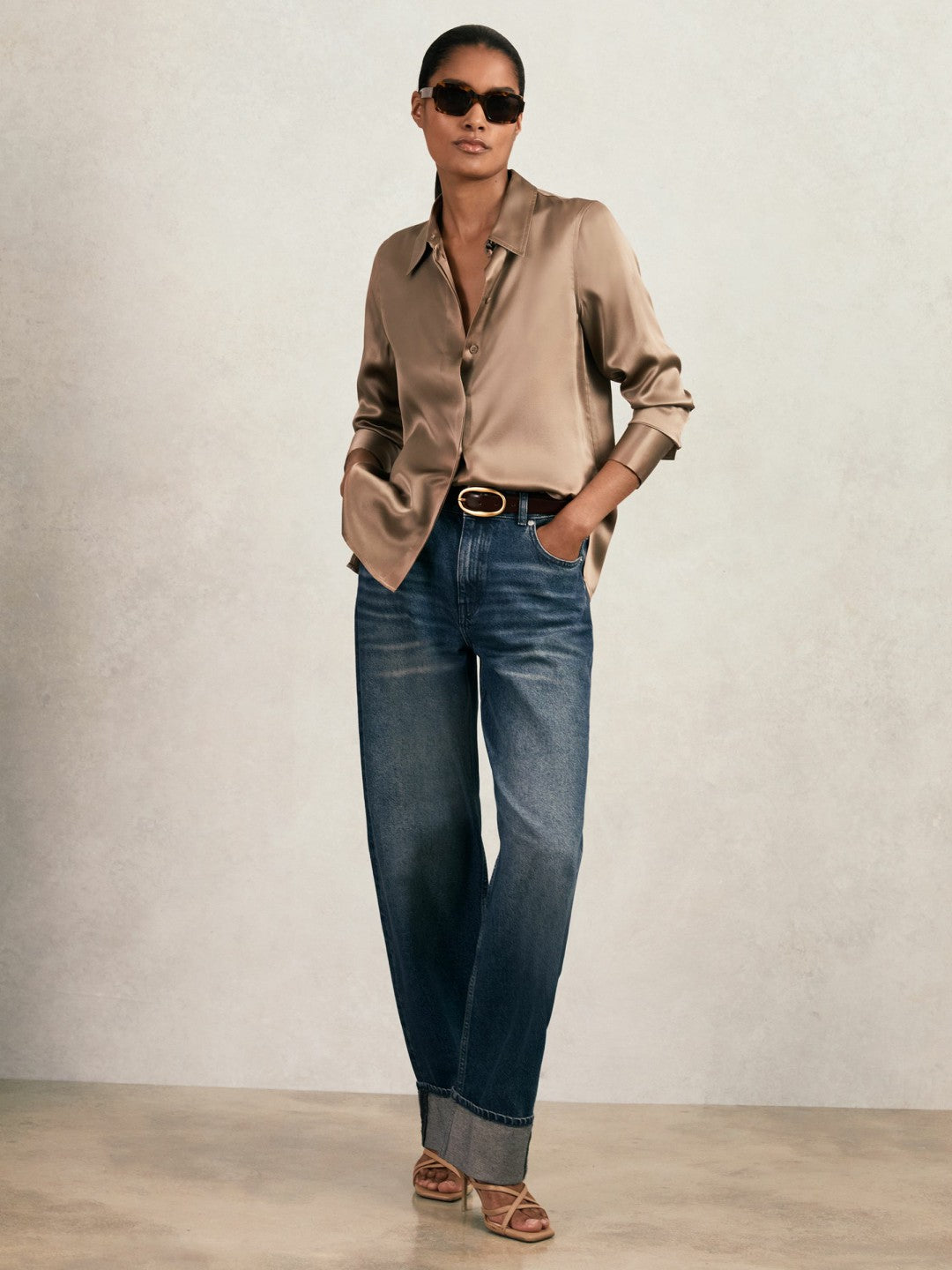 Silk-Satin Concealed-Placket Shirt Taupe Brown | Women