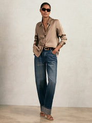 Silk-Satin Concealed-Placket Shirt Taupe Brown | Women