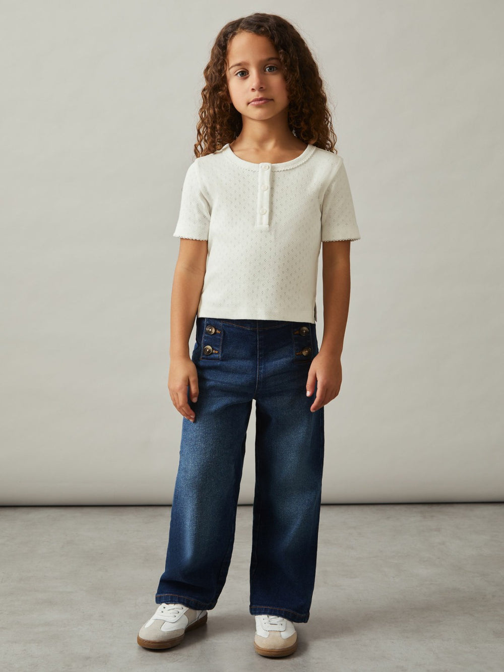 3-9 yrs Cotton Pointelle Button T-Shirt Ivory | Children & Baby