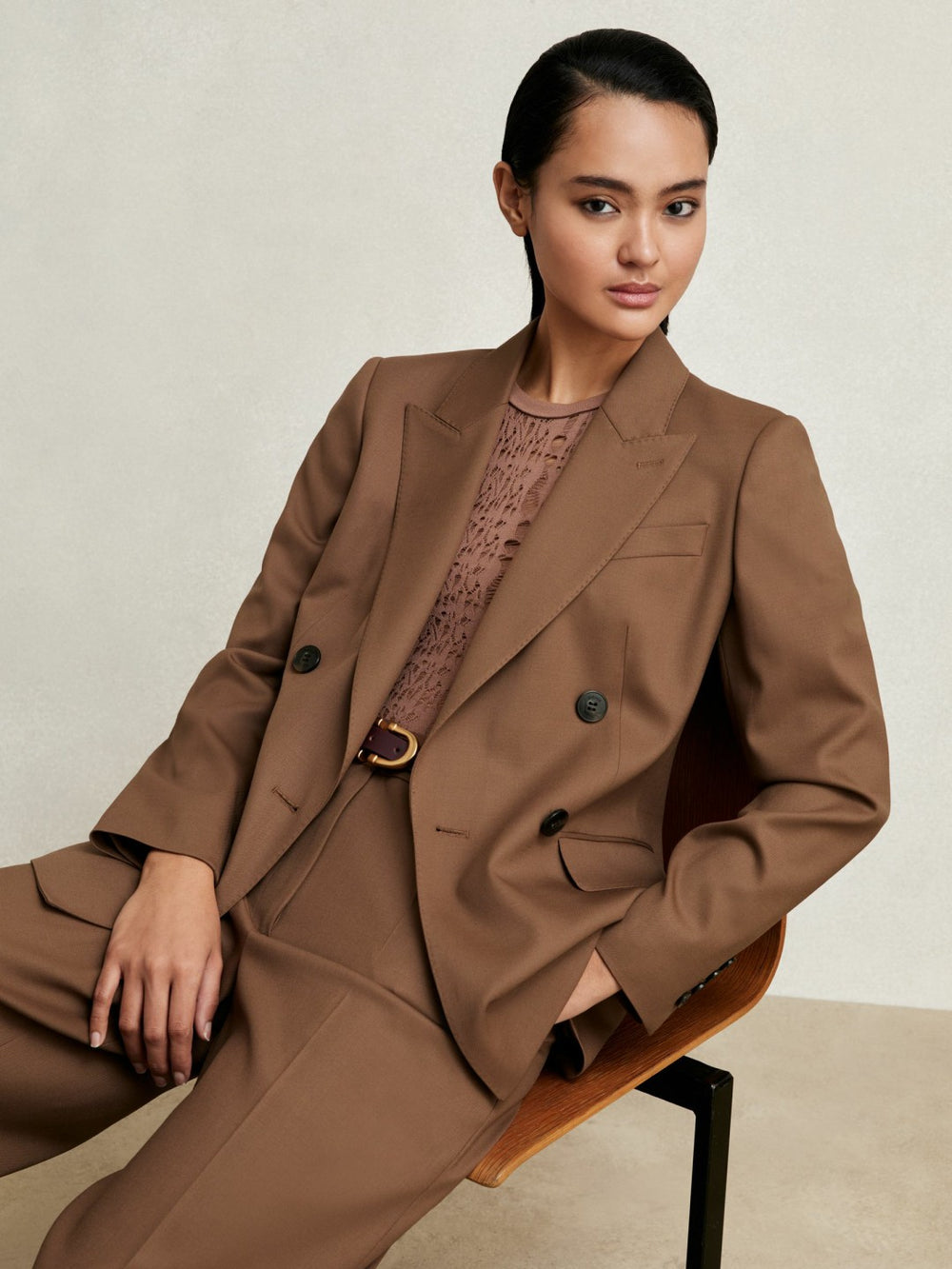 Wool-Blend Double-Breasted Suit Blazer Tan | Women