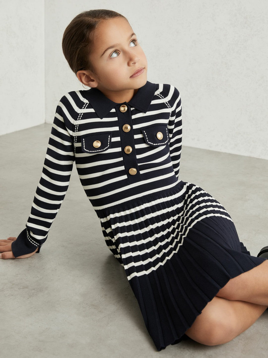 13-14 yrs Button-Detail Stripe Knitted Dress Navy/White | Children & Baby
