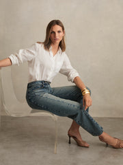Petite Barrel-Leg Seam Jeans Mid Blue | Women