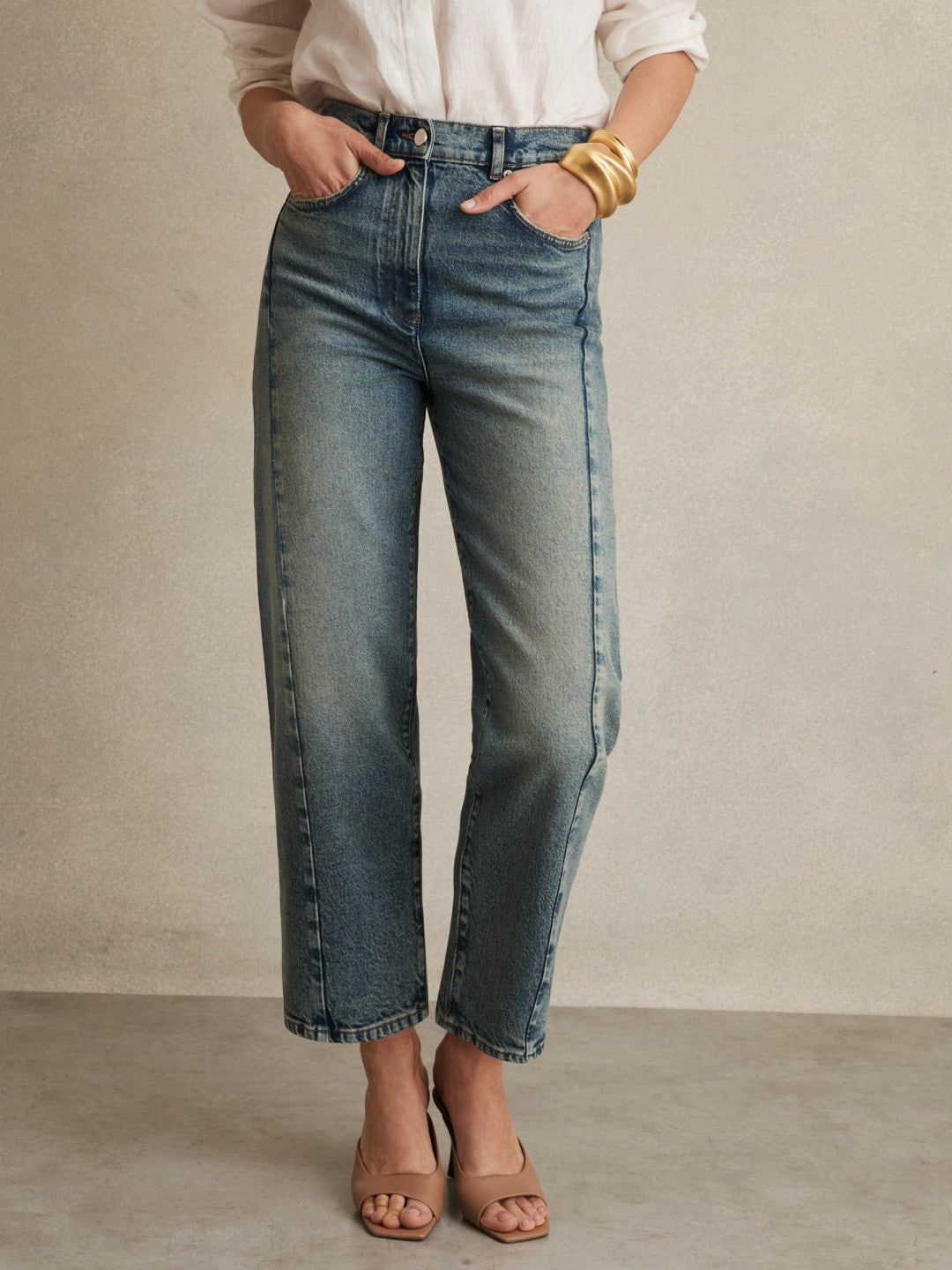 Petite Barrel-Leg Seam Jeans Mid Blue | Women