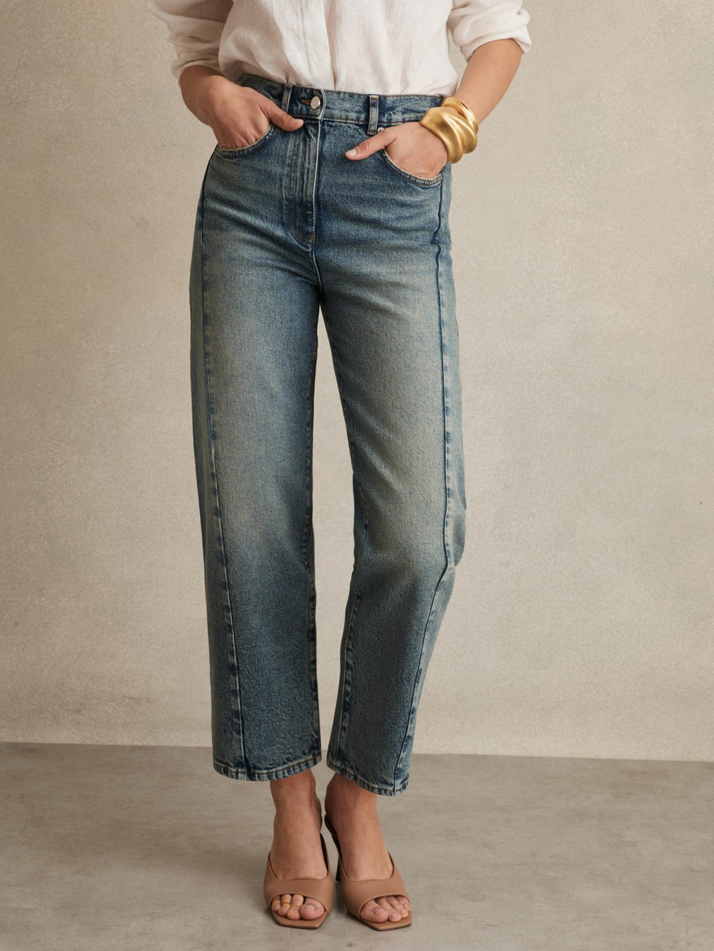 Petite Barrel-Leg Seam Jeans Mid Blue | Women