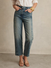 Petite Barrel-Leg Seam Jeans Mid Blue | Women