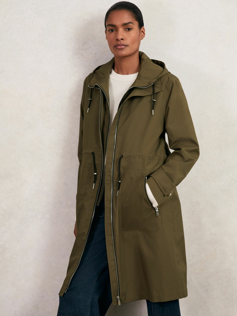Removable-Hood Parka Rain Coat Khaki | Women