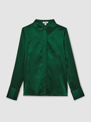 Silk-Satin Concealed-Placket Shirt Green | Women