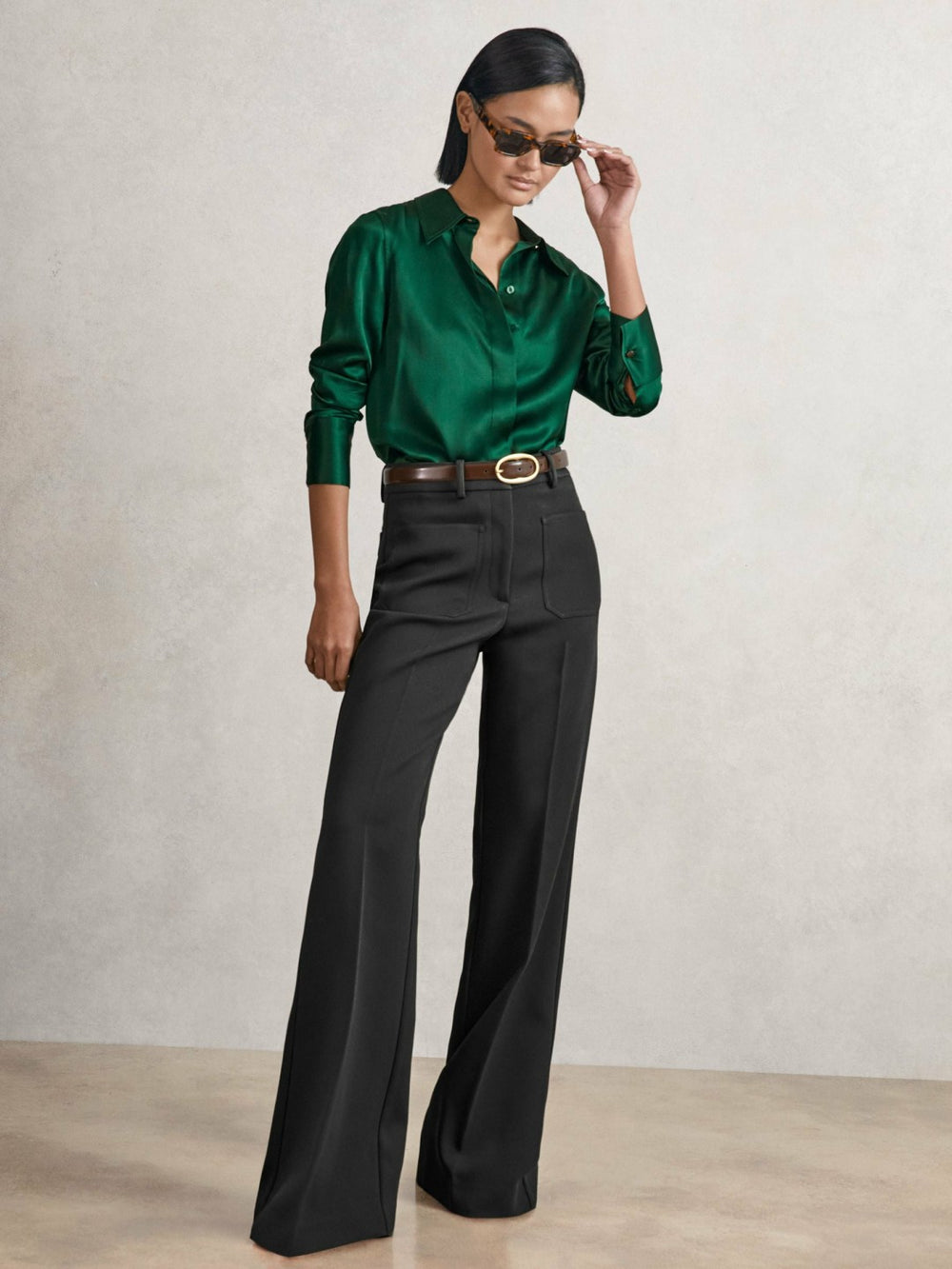 Silk-Satin Concealed-Placket Shirt Green | Women