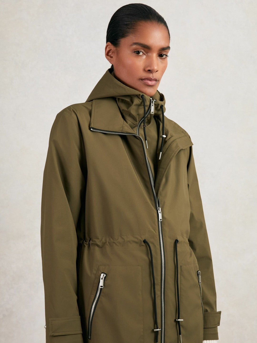 Petite Removable-Hood Parka Rain Coat Khaki | Women
