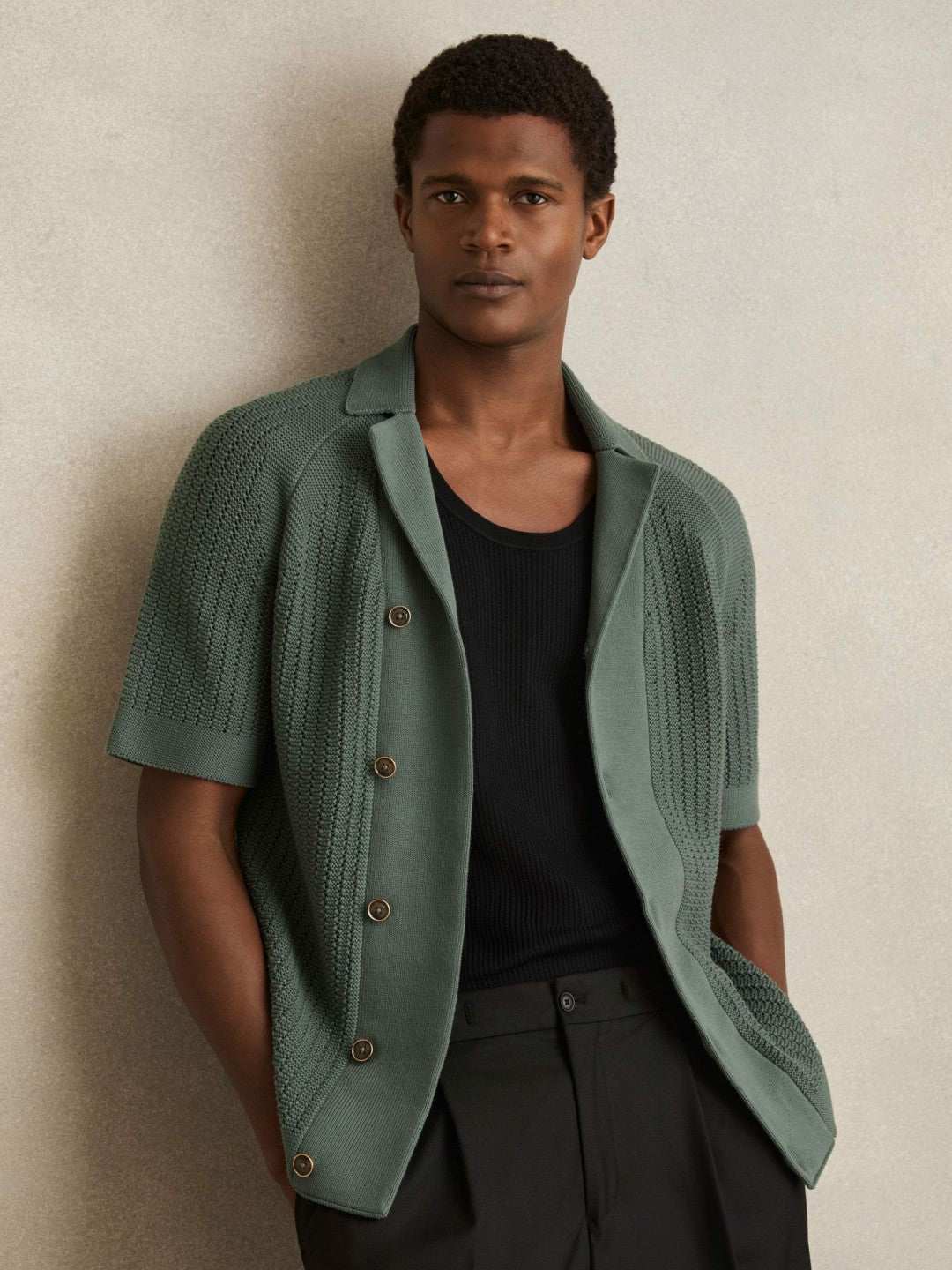 Cotton Textured-Knit Cuban-Collar Shirt Pine Green | Men