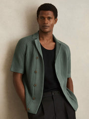 Cotton Textured-Knit Cuban-Collar Shirt Pine Green | Men