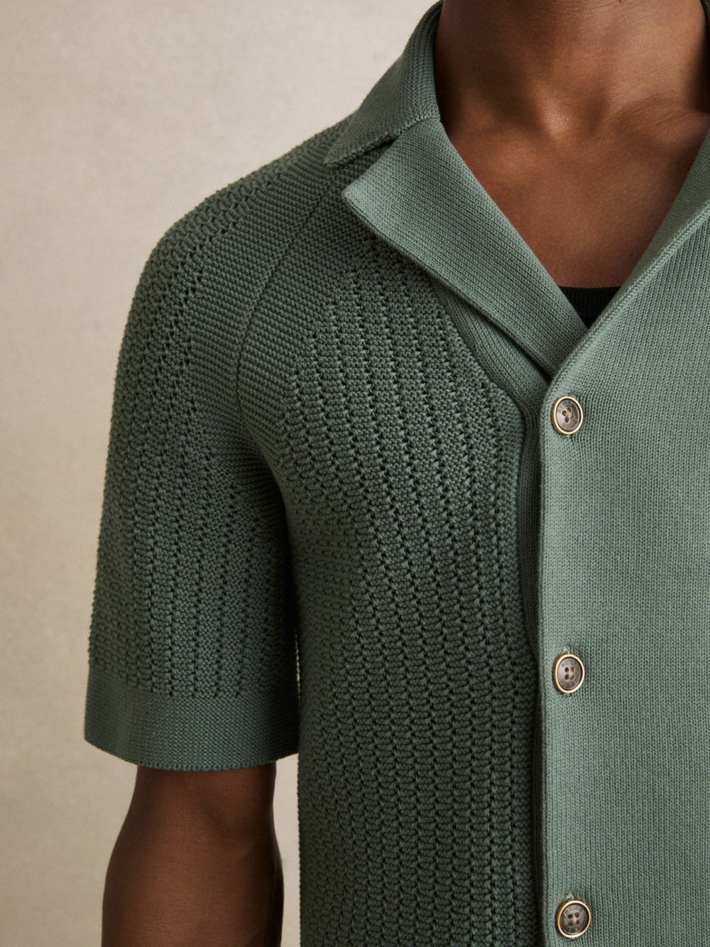 Cotton Textured-Knit Cuban-Collar Shirt Pine Green | Men