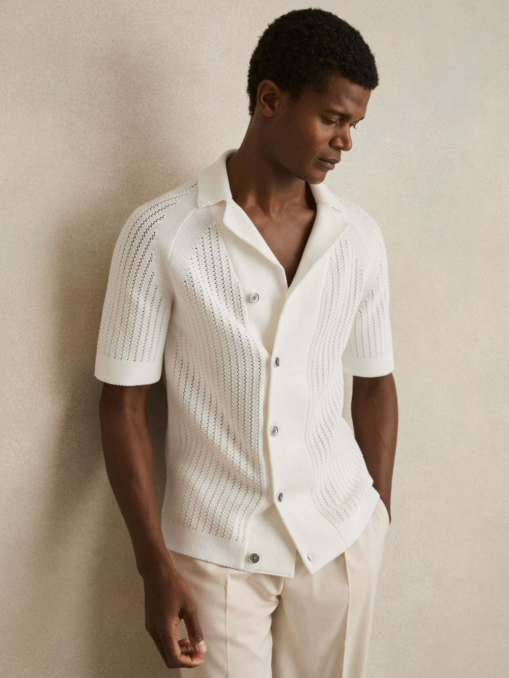 Cotton Textured-Knit Cuban-Collar Shirt White | Men
