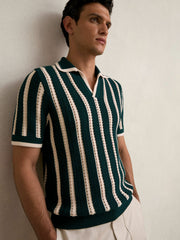 Cotton Blend Stripe Knit Polo Shirt Dark Teal Green/Ecru | Men