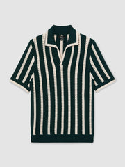 Cotton Blend Stripe Knit Polo Shirt Dark Teal Green/Ecru | Men