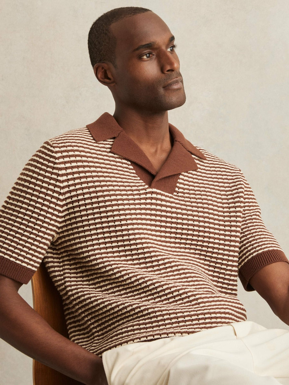Cotton Textured Knit Stripe Polo Shirt Tobacco Brown/ Off White | Men