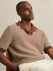 Cotton Textured Knit Stripe Polo Shirt Tobacco Brown/ Off White | Men