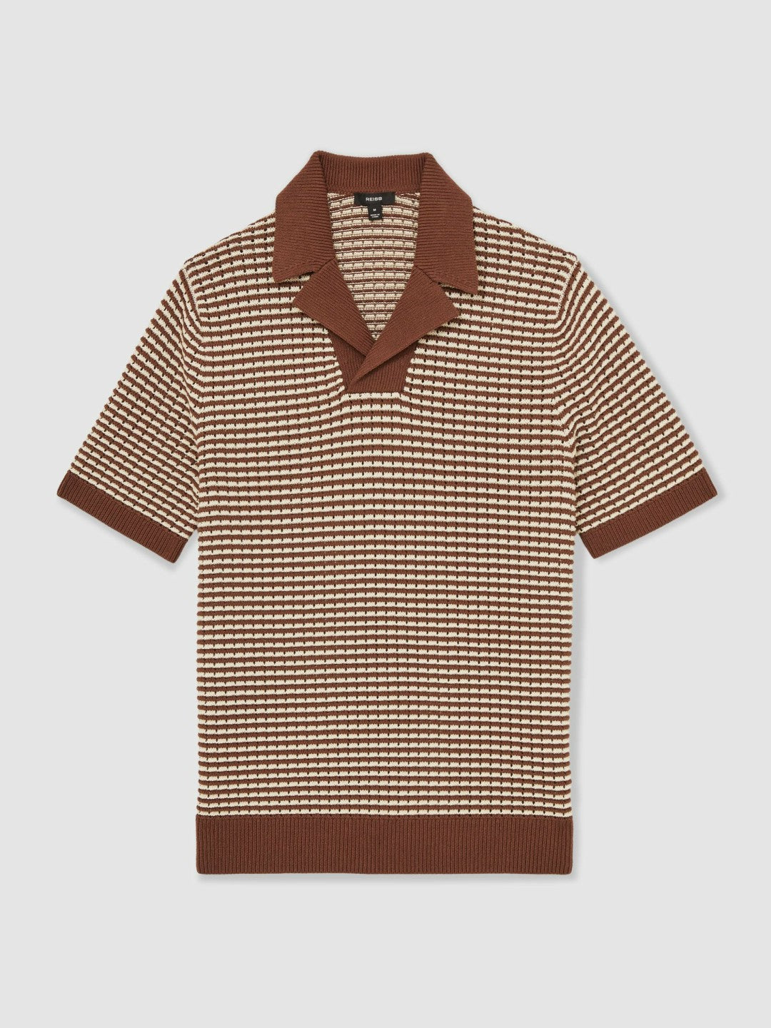 Cotton Textured Knit Stripe Polo Shirt Tobacco Brown/ Off White | Men