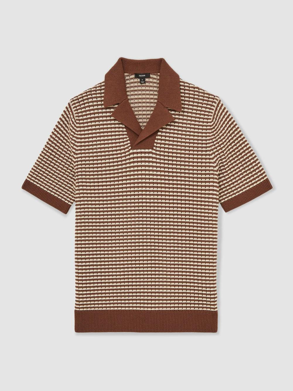 Cotton Textured Knit Stripe Polo Shirt Tobacco Brown/ Off White | Men