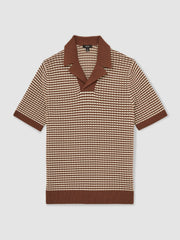 Cotton Textured Knit Stripe Polo Shirt Tobacco Brown/ Off White | Men