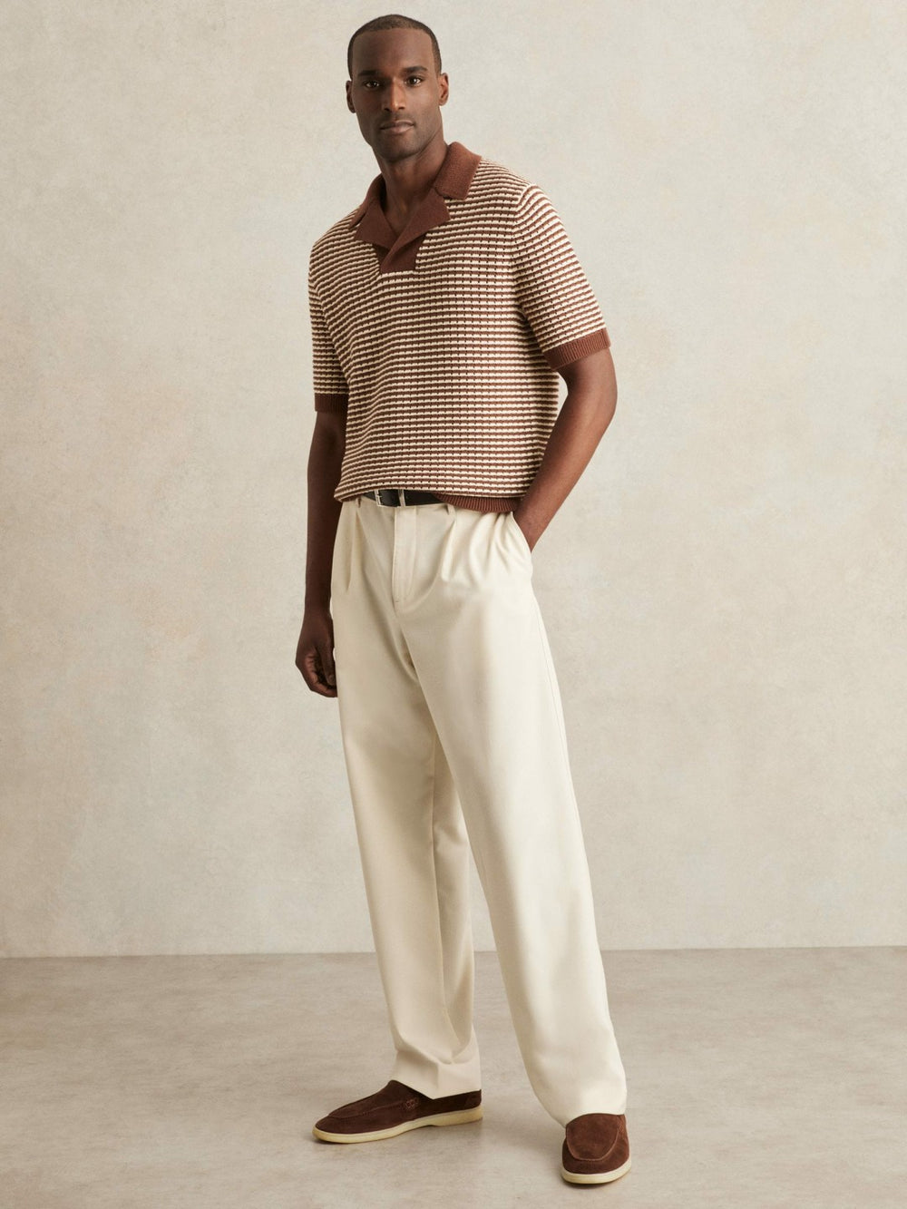 Cotton Textured Knit Stripe Polo Shirt Tobacco Brown/ Off White | Men