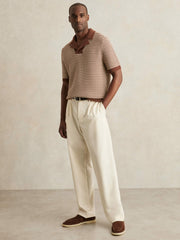 Cotton Textured Knit Stripe Polo Shirt Tobacco Brown/ Off White | Men